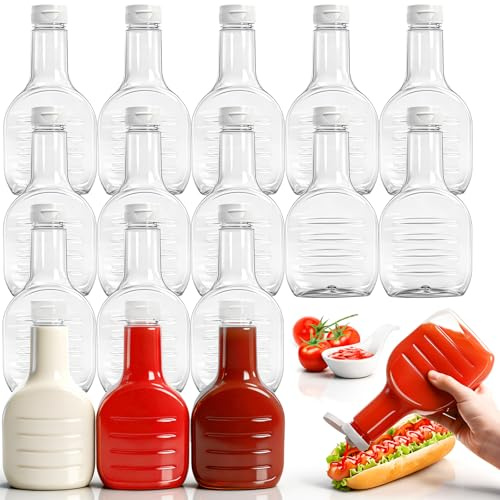 WRINGKIT 16 Pack Condiment Squeeze Bottles 16 oz / 470ml, Clear Plastic Salad Dressing Bottles with Caps, Sauce Condiment Squeeze Bottles for Ketchup, Oil Dispenser, Condensed Milk