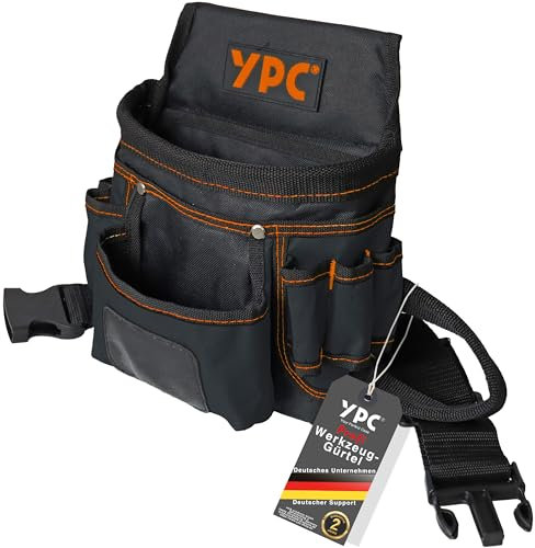 YPC Presto Werkzeug Gürteltasche XL – Werkzeuggürtel, Arbeitsgürtel, wasserfeste Werkzeugtasche mit Hammerschlaufe, reißfester Nylongürtel, 12 Taschen, Schwarz, 27x21x13cm – 5 kg Tragkraft