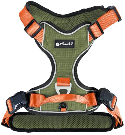 Petlando Hundegeschirr Magnetech– Innovative Magnetschnalle, mit Griff, Zwei D-Ringe, reflektierend, atmungsaktiv – Olive/orange, M (Halsumfang 42-54cm, Brustumfang 56-68cm), mittelgroße Hunde