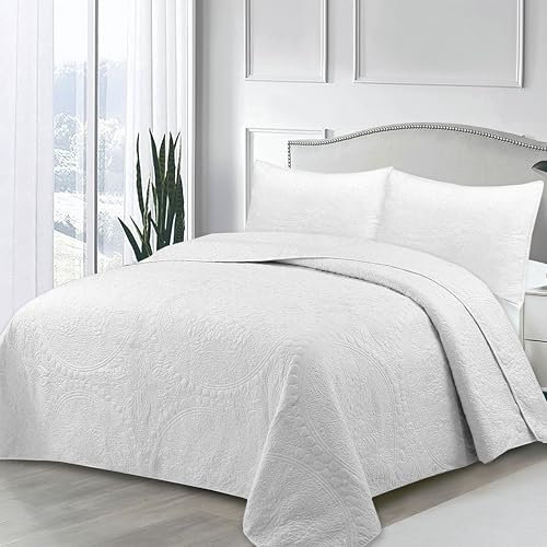 NOVOTEXTIL Colcha Boutí Bordada Cama 135 (235x270) para Verano y Entretiempo – Algodón y Microfibra – Cubrecama Artesanal, Ligero y Elegante – Incluye 2 Fundas Almohada (50x70) (Oporto Blanco)