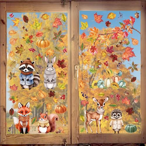 9 Blatt Fensterbilder Herbstdeko, Thanksgiving Deko, Thanksgiving Herbstdeko Fenster Aufkleber Ohne Kleber, Thanksgiving Fenster Dekorationen Statisch Doppelseitiger Druck Thanksgiving Deko (C)