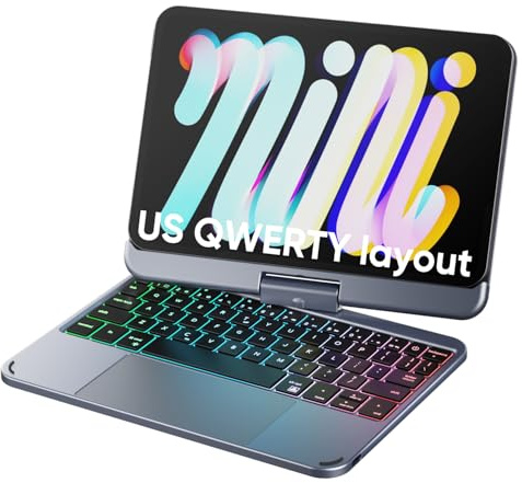 doqo Custodia tastiera per iPad mini 7/Mini 6 Generazione 2021/2024 8,3 pollici – con touchpad, retroilluminazione wireless 7 colori, 360° rotativa, custodia slim protettiva in folio (Grigio)