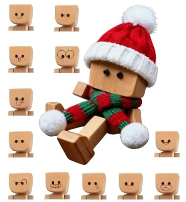 Generisch Wackelnde Holzmännchen - Puppe Mit 12-Teiligen Magnetischen Gesichtsausdrücken,Posierbare Figur mit schwingenden Beinen Hut und Schal,Für Kinder Geburtstag Deko Armaturenbrett Kamin