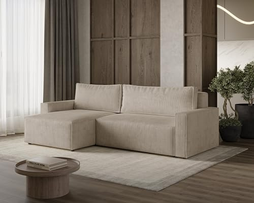 Dekori Möbel Livio L Ecksofa mit Schlaffunktion und Stauraum, weicher, Dicker Cord, haustierfreundlich (Poso 02 - Cappuccino)