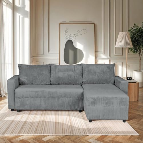 WEBER INDUSTRIES Ecksofa Theo ausziehbar und wendbar mit Truhe aus Cord/Grau