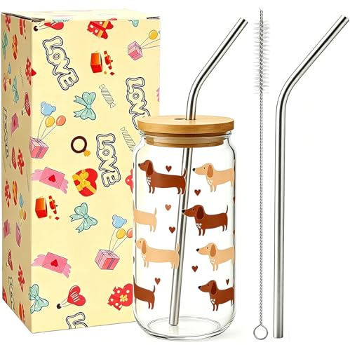 Ninivi Dog Glass Cup,16 Oz Iced Coffee Glass Cups with Lids and Straws,Cute Dog Cup with Straw Topper for Drink, Coffee or Matcha, Ideal Sweet Dachshund Gift for Women Girls Friends Mum Wife Daughter