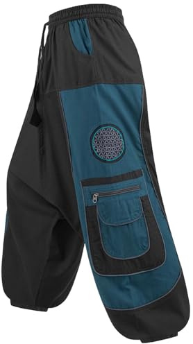 Kunst und Magie Flower of Life Hippie Haremshose Goahose Cargohose, Größe:S/M, Farbe:Schwarz/Petrol