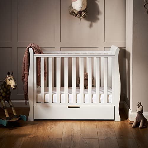 Obaby Stamford Sleigh Space Saver Cot – White | Adjustable 3 Position base height, Elegant sleigh design.