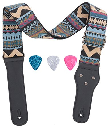 Rufun Gitarrengurt Retro Jacquard Weave Zubehör Einstellbare Länge für Basse E-Gitarre Akustische Gitarre, 3 Picks enthalten (Wellen Blau)