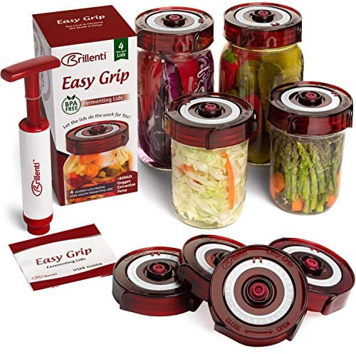 Fermenting Lids for wide mouth mason jars. 4 waterless airlock fermentation lids kit. Easy Grip fermenter lid with Oxygen Pump automatically Vents air. Tracks ferment date. (4 Lids + Pump)