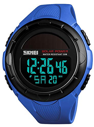 SKMEI - Reloj deportivo digital solar para hombre, resistente al agua hasta 50 m, esfera grande negra con cronómetro, alarma, resistente a los golpes, LED