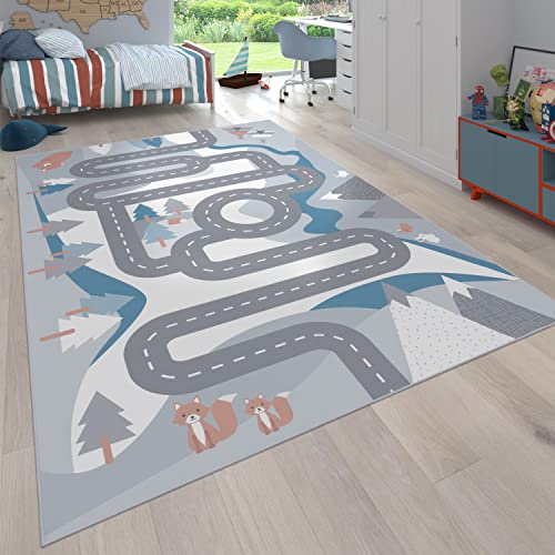 Paco Home Teppich Kinderzimmer Kinderteppich Spielteppich Junge Mädchen Tiere Straßen Muster rutschfest Creme Blau Grau, Grösse:80x150 cm
