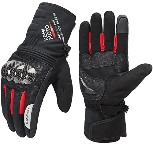 KEMIMOTO Winter-Motorradhandschuhe für Herren und Damen, UTV, ATV, Motorrad, Reiten, Kohlefaser, Harte Knöchel, Touchscreen, Winddicht, wasserabweisend, Stulpen, warm, rutschfest, Rot, Größe M