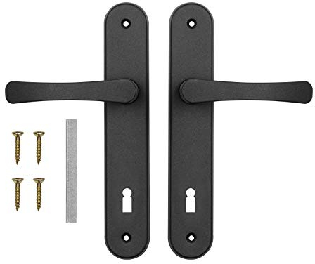 ADGO Jeu de Poignées de Porte pour la Porte Avec une Clé Gâteau éponge 90 mm, Poignée en Aluminium, Rosace en Acier Galvanisé Enduit de Poudre, Gauche et Droite, Broche, Jeu de Vis d'assemblage, Noir