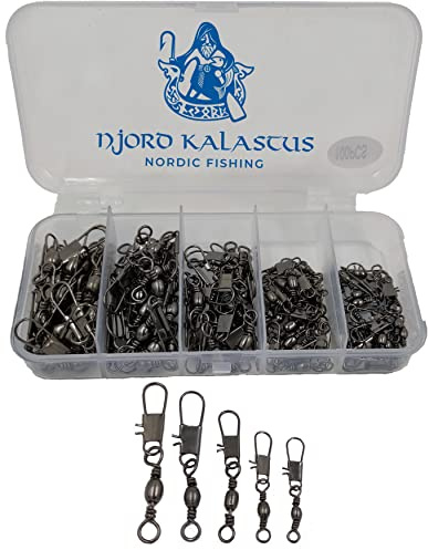 Njord Kalastus Premium Angel Wirbel Set 100 Stück Karabiner mit Wirbel Box | Tönnchenwirbel Größe: #10#8#6#4#2 | Universal Angelzubehör Box