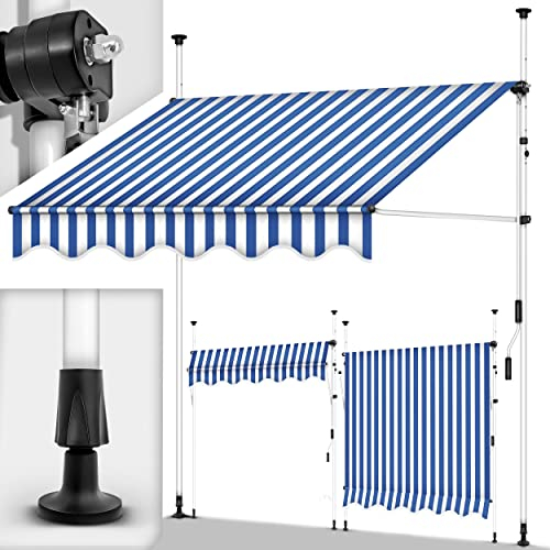 tillvex Klemmmarkise mit Handkurbel Balkon | Balkonmarkise ohne Bohren | Markise UV-beständig & höhenverstellbar | Sonnenschutz wasserdicht (Blau-Weiß, 400cm)