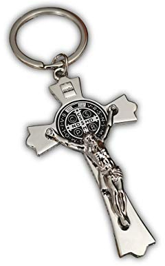 Eillwin Jesus Kruzifix Schlüsselanhänger Heiliges Kreuz Schlüsselanhänger religiöser Heiliger Benedikt katholischer Charm-Anhänger für Glück und Schutz, silber, M