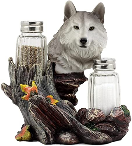 DWK Grauer Wolf Salz- und Pfefferhalter Figur mit nachfüllbaren Salz- und Pfefferstreuer, rustikale Wildtier-Wolf-Dekoration, Tierdekoration für die Küche, 15,2 cm