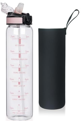 Reeho 1 litre Bouteille d'eau en Verre avec Paille et Marqueurs de Temps, 1L Gourde Verre Réutilisable avec Housse en Néoprène