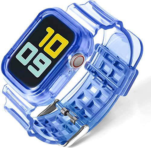 Fleshy Leaf Compatible with Apple Watch Bands Series SE 7 6 5 4 3 2 1, Clear Soft Silicone Strap with Bumper Protective Cases for Apple Watch Series 42/44/45 mm 38/40/41 mm (38/40/41 mm, Blue)