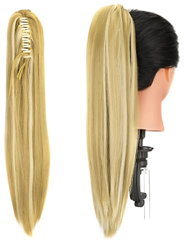 Gairyan Ponytail Extensions 54cm Claw on Pferdeschwanz Haarteil Klammer Clip in Extensions Zopf Gerade Glatt Lang Haarteil Zopf Synthetik Haar Haarverlängerung (Sandy Blonde & Gebleichtes Blond)