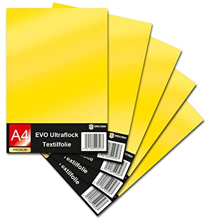Evo Ultraflock Textilfolie für Plotter 33 Farben Flockfolie im Din A4 Format 30x20cm Plotterfolie für Stoff Kleidung T-Shirt Flock Folie Zubehör (5er Set, 003 Goldgelb)
