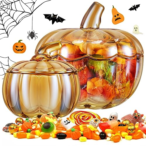 Tessco 2 Stück 1,984.5 g Glas Kürbis Süßigkeiten Glas mit Deckel Halloween Kürbis Gläser Süßigkeitenschale Glas Süßigkeitenschale mit Deckel für Thanksgiving Day Heimdekoration (groß, klein