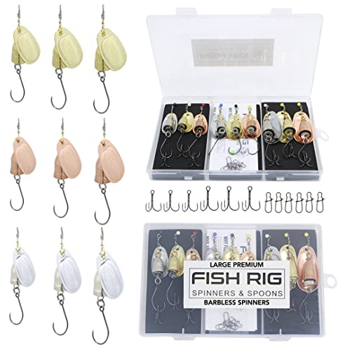 RIGGED & READY TRAVEL FISHING - Fish Rig Premium Spinners and Spoons - Barbless Fishing Lures Set – 4 Spinners, 100% Barbless - Classic Designs (Large - 9 Piece)