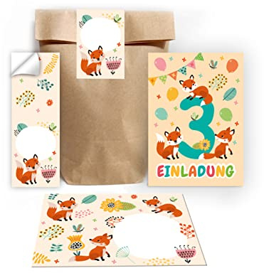 Junapack 12 Einladungskarten zum 3. Kindergeburtstag dritte Geburtstag Mädchen Jungen Fuchs incl. 12 Umschläge, 12 Tüten/natur, 12 Aufkleber