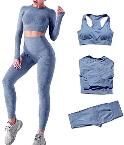 DONYKARRY Damen 3-teiliges Nahtloses Trainingsanzug Yoga Outfit Jogginganzug Set Freizeitanzug(Grau,M)