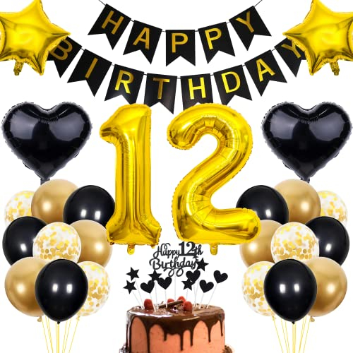 Cnrose 12. Geburtstag Dekoration - Schwarz Gold Party Deko für Junge und Mädchen - Tortendeko Set