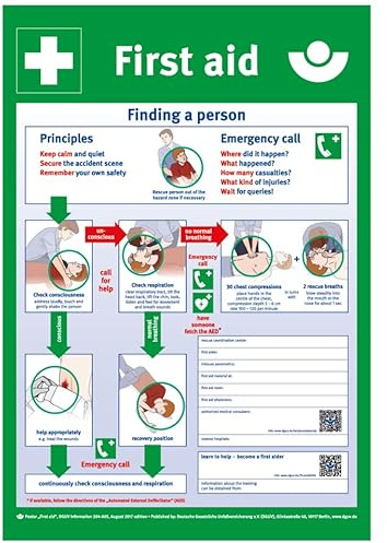 Dreifke® Schild | Erste Hilfe Aushang, englisch, DGUV Information 204-005, Polystyrol, 395x575mm