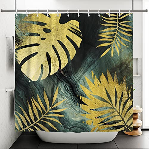 Ttincceer 152x183cm Feuille d'or Abstrait Rideau de Douche Milieu du siècle Plante Tropicale Feuille Salle de Bain Rideau Encre Fond Noir Or Feuille de Palmier Rideaux de Douche