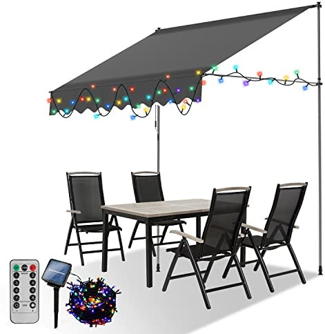 Gimisgu Klemmmarkise, 400x120cm Markise mit Solar Bunt LED Lichterkette, 2in1 Balkonmarkise mit Handkurbel Balkon, Höhenverstellbar, UV-beständig Sonnenschutz, ohne Bohren, Grau