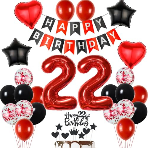 22 Geburtstag Deko Schwarzes Rot, Tortendeko 22. Geburtstag Dekoration Frau, Luftballon 22 Rot Schwarz Mann, Geburtstagsdeko 22 Jahr Frau, Tortendeko 22 Jahre