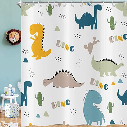 Hnmdmyi Duschvorhang Cartoon Dinosaurier 180x200, Bunte Lustige Tier Graffiti Niedliche Dino Kinder Badewanne Vorhang Wasserdicht Polyester Stoff Waschbar Badevorhang für Badezimmer mit Haken