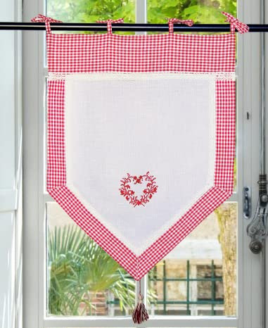 Autrefois Rideau Enrouleur et Brise bise, Lin brodé, Voilage Broderie, Style Charme, Decoration pour fenetre de Cuisine, Salon, Vichy (Rouge, 45 x 120 cm)