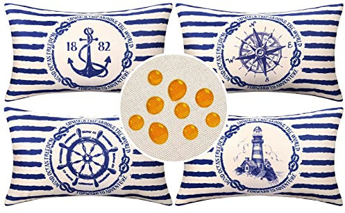 4 Stück Wasserdichte Kissenbezug 30x50cm Mittelmeer Anker Leuchtturm Kompass Ruder Navigation Kissenhülle Baumwolle Leinen Weicher Quadratischer Zierkissenbezüge für Couch Auto Zuhause Dekoration