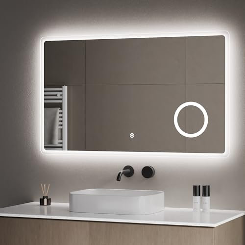 S'AFIELINA Bathroom Mirror with LED Lights 70 cm (H) × 90 cm (W), Illuminated Backlit Wall Mounted Bathroom Mirrors with Shaver Socket and Demister Pad, 3X Magnifier, Horizontal