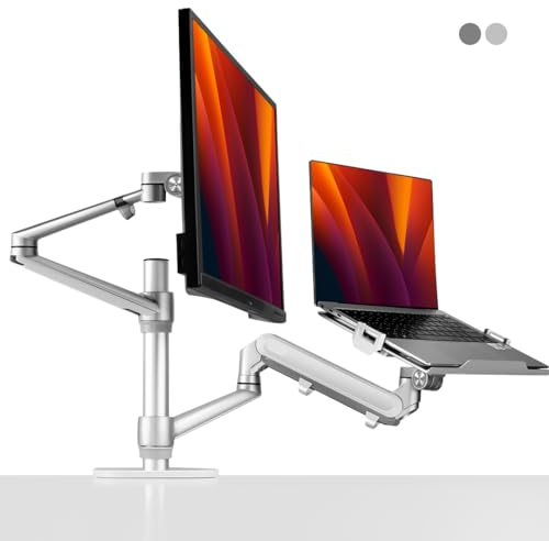 ALBERENZ® Supporto per laptop e monitor 2 in 1 con molla a gas, supporto regolabile a doppio braccio per laptop da 12-17 e monitor da 17-32, design ergonomico, regolabile in altezza e inclinabile,