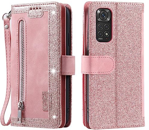 VEEMOS Handyhülle für Xiaomi Redmi Note 11 / 11S 4G hülle Klappbar Glitzer Handytasche Schutzhülle Klapphülle mit Kartenfach Handy Tasche Book Cover Flip Case Ständer - Rosa