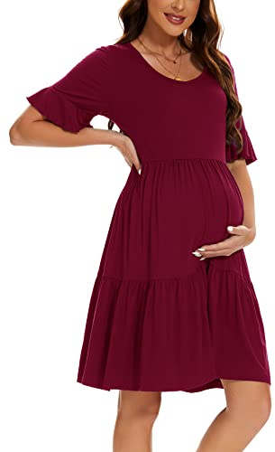 Smallshow Women's Maternity Short Sleeve Summer Dress O Neck Casual Ruffle Pregnancy Clothes Wine M