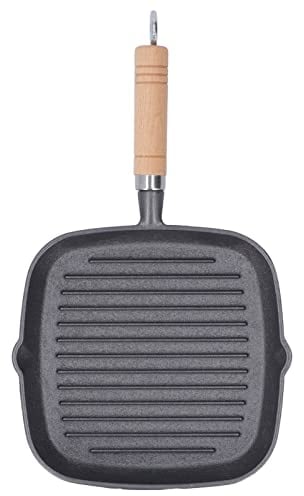 Wisecoco SartéN Cuadrada de Hierro Fundido, Multipropósito Evita Que se Pegue Cuadrado Sartén para Bistec de Hierro Fundido Parrilla Sartenes Antiadherentes con Mango de Grano de Madera, para Carnes