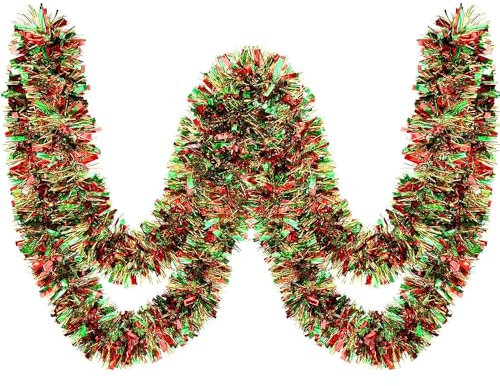 SECALIFE Guirnalda de oropel de Navidad de 10 metros, guirnalda de oropel gruesa de Navidad, guirnalda metálica gruesa de oropel para decoración de árbol de Navidad, rojo, dorado y verde