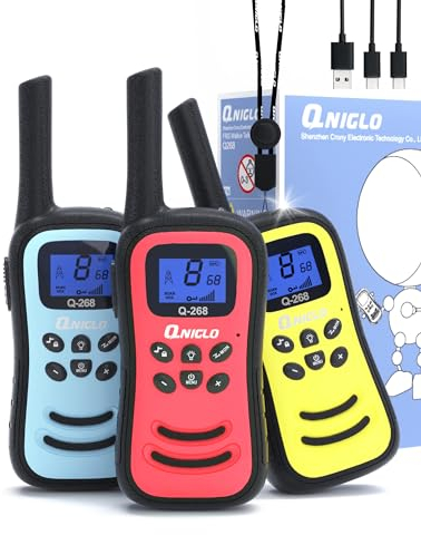 QNIGLO Walkie Talkie Niños Recargable,3pc Largo Alcance 8 Canales Radio de 2 vías Walky Talky,Walkie-Talkie Una Linterna incorporada, Regalos Juguetes Camping al Aire Libre para niños de 3 a 12 años