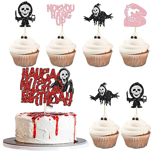 Gyufise 25Pcs Horror Movie Cupcake Toppers - Killer Birthday Cake Toppers Glitter Classic Halloween Cake Picks for Bloody Horror Theme Birthday Party Supplies