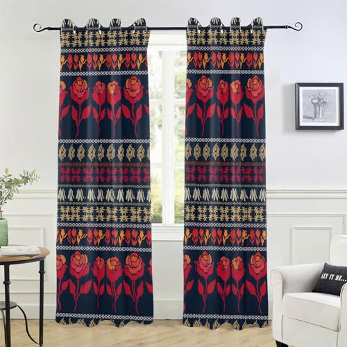 Roses Bohemian Ethnic Gypsy Tulpen Mohnblumen Folk Art Boho Verdunkelungsvorhänge 213,4 cm Länge Fenstervorhang Paneele für Wohnung Vorhänge für Schiebetüren Glastüren Zimmer Verdunkelung Vorhänge