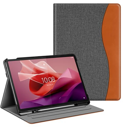 Fintie Hülle für Lenovo Tab P12 12,7 Zoll TB370FU 2023, Multi-Winkel Folio Schutzhülle mit Stifthalter Dokumentschlitze und Auto Schlaf/Wach Funktion, Denim Grau