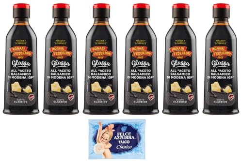 6er-Pack Monari Federzoni Glassa all'Aceto Balsamico di Modena,Glasur Creme mit Balsamico-Essig aus Modena I.G.P.,300g + 1er-Pack Kostenlos Felce Azzurra Talkumpuder, 100g-Beutel