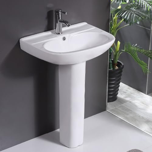 Lavabo sur colonne monobloc, lavabo sur colonne en céramique pour salle de bain, lavabo sur colonne avec trop-plein, avec robinet d'eau chaude et froide, lavabo sur colonne blanc (Size : F)